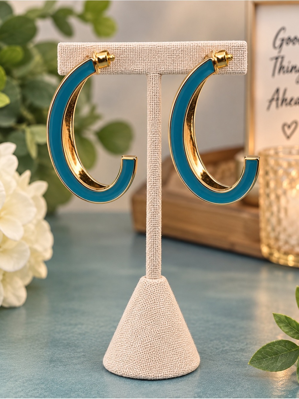 6/25 - Gold and Teal Hoop Earrings - (BR777/2)